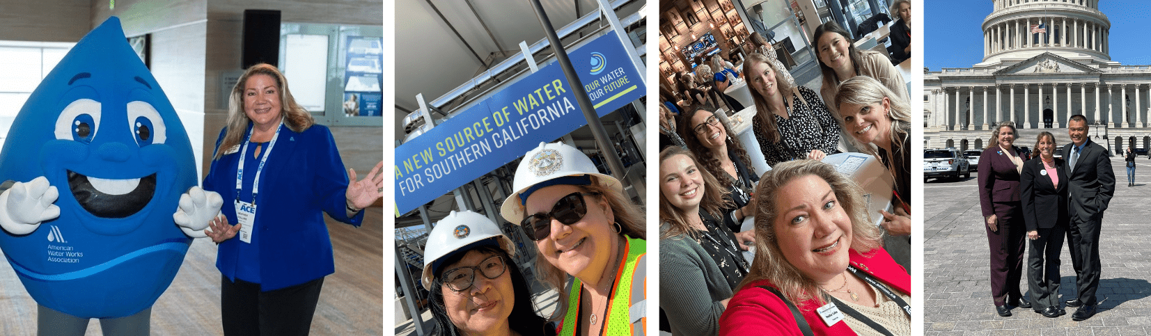 This is a series of 4 photos in 1. The first shows Heather Collins, AWWA president, with AWWA mascot, Eddy. the second shows Collins on the job in California, pictured on the right next to a colleague on the left. The third shows Collins with a group of young professionals. The fourth shows Collins with two colleagues standing in front of the U.S. Capitol.
