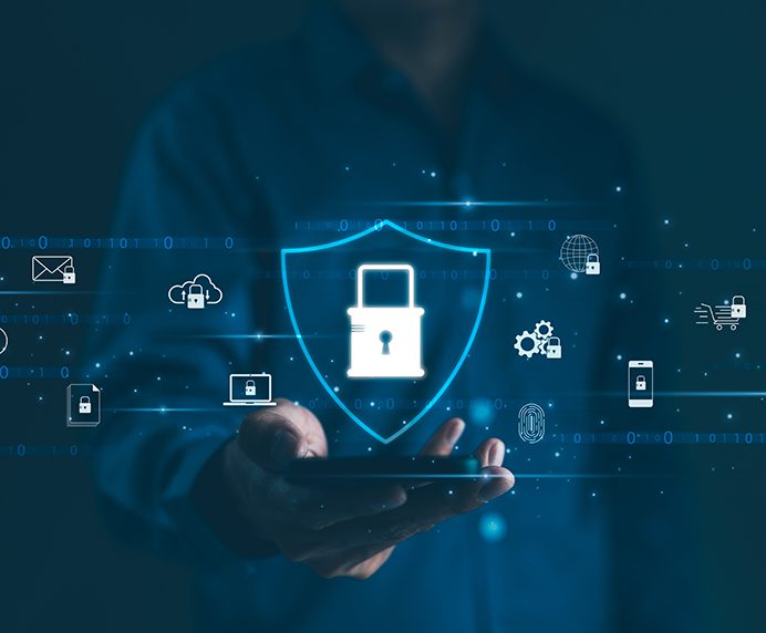 This is a graphic with several icons that depict imagery of data security. A padlock is in the center.