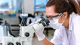 Lab professional looking through microscope