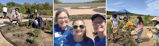 Student volunteers at a garden bed; Traci Peterson, Heather Bass and Betsy Marsh; student visitors collect seeds.